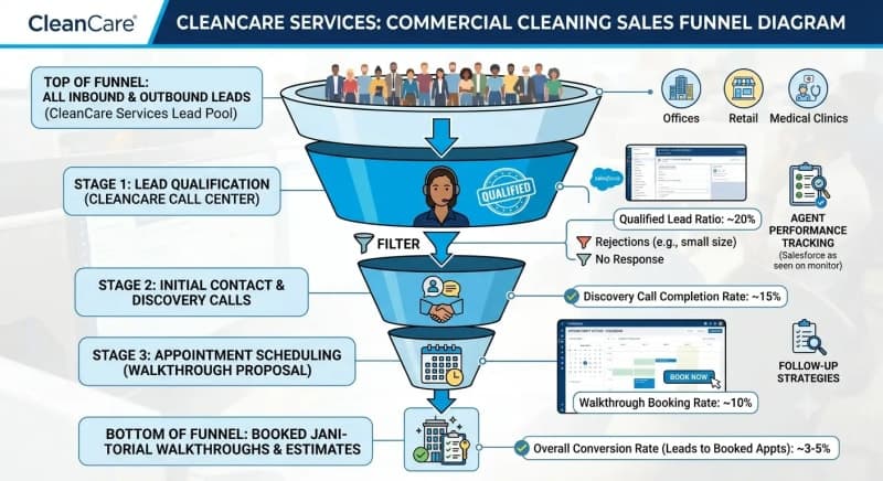 sales funnel diagram showing commercial cleaning leads converting to booked appointments