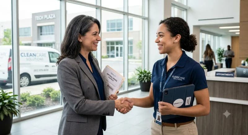 facility manager shaking hands with commercial cleaning sales rep after a booked appointment