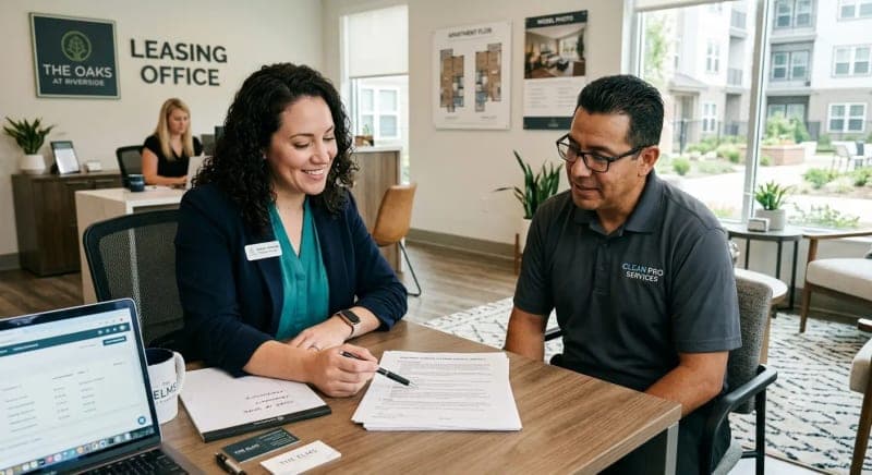 property manager reviewing an apartment cleaning contract with a janitorial vendor in a leasing office