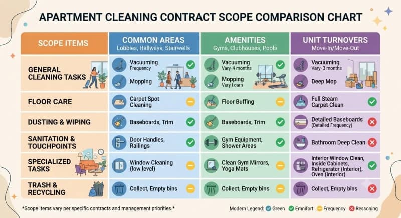 chart comparing apartment cleaning contract scope items across common areas, amenities, and unit turnovers
