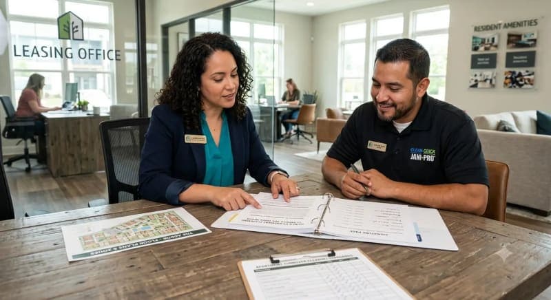 property manager and cleaning vendor reviewing a signed apartment cleaning contract