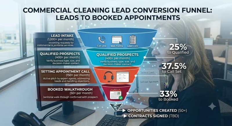 sales funnel diagram showing commercial cleaning leads converting to booked appointments