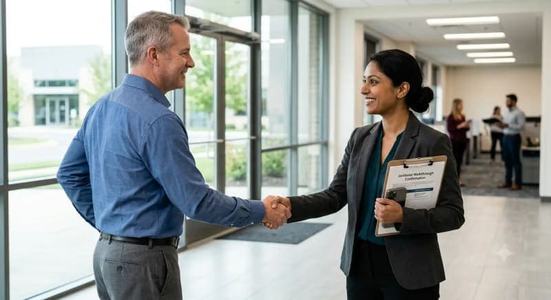 facility manager shaking hands with commercial cleaning sales rep after a booked appointment