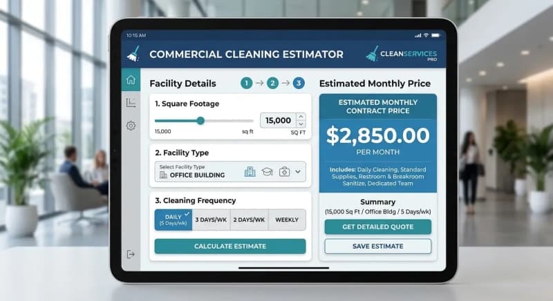 commercial cleaning calculator interface showing square footage, frequency, and facility type inputs with an estimated contract price