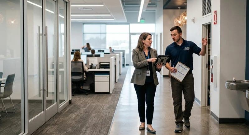 facility manager reviewing a commercial cleaning contract checklist with a local janitorial provider during a walkthrough