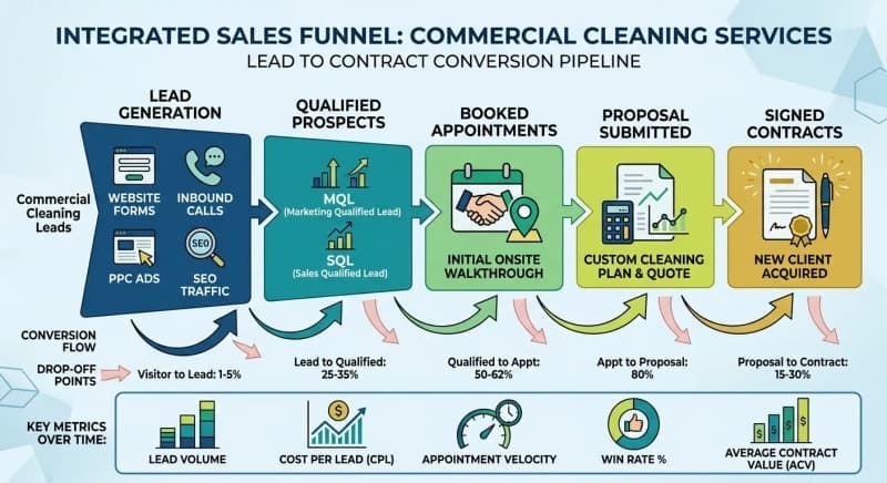 sales funnel diagram showing commercial cleaning leads converting into booked appointments and signed contracts
