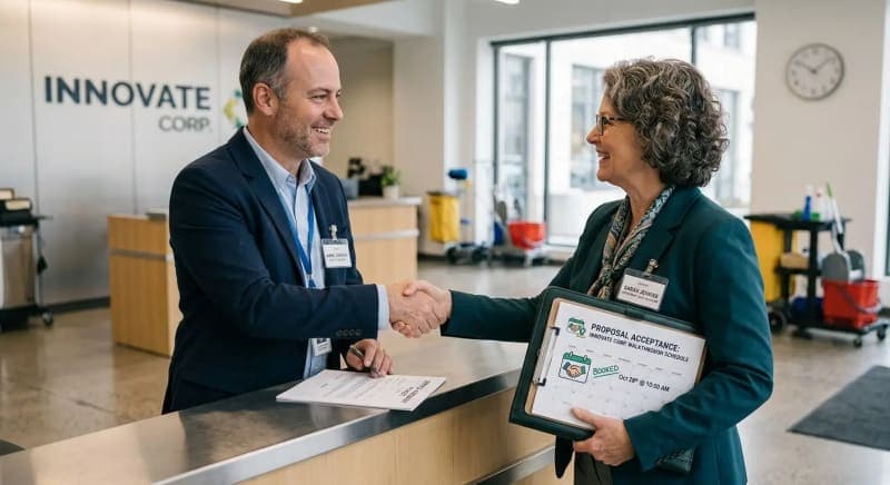 facility manager and commercial cleaning sales representative shaking hands after a booked appointment