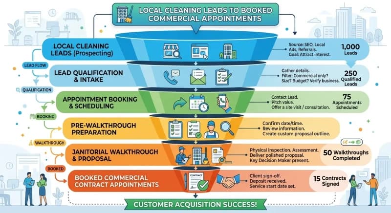 sales funnel diagram showing local cleaning leads converting into booked commercial contract appointments generate this