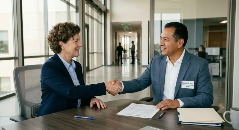 facility manager and commercial cleaning company owner shaking hands after signing a local janitorial contract