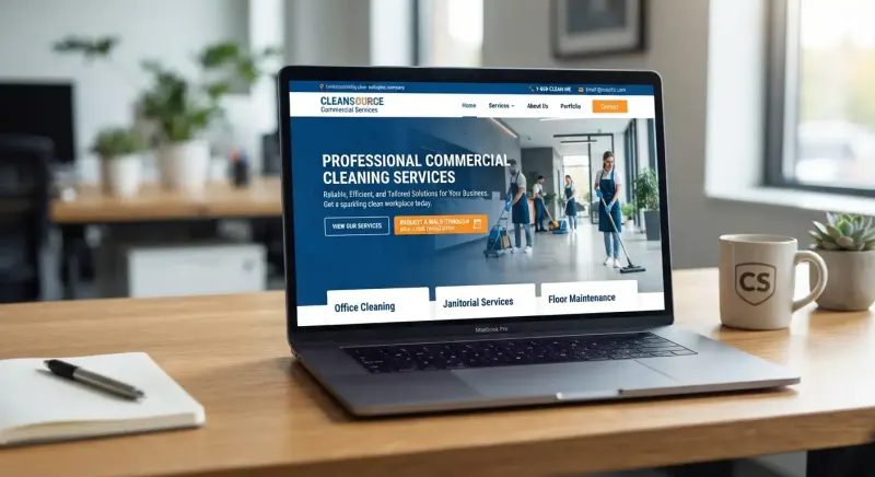 commercial cleaning company website homepage on a laptop showing a request a walk-through button