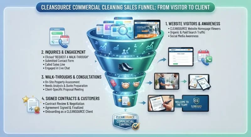 sales funnel diagram showing website visitors becoming inquiries, walk-throughs, and signed cleaning contracts