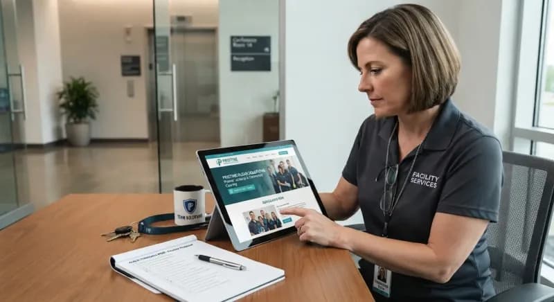 facility manager reviewing a janitorial company website on a tablet before a walk-through