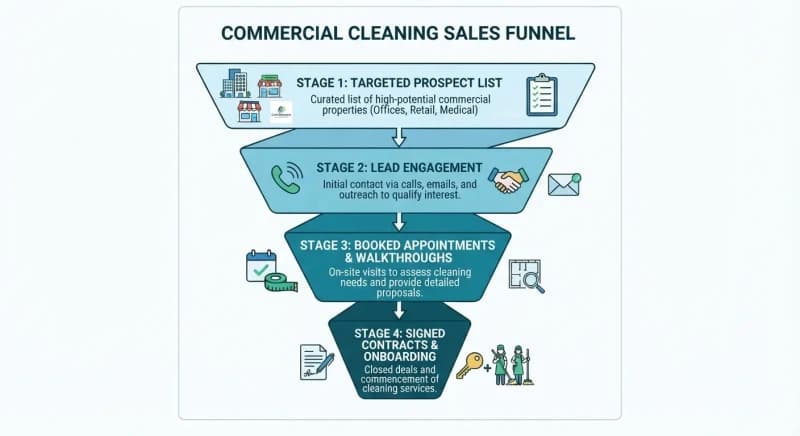 sales funnel diagram showing commercial cleaning leads converting to booked appointments and signed contracts