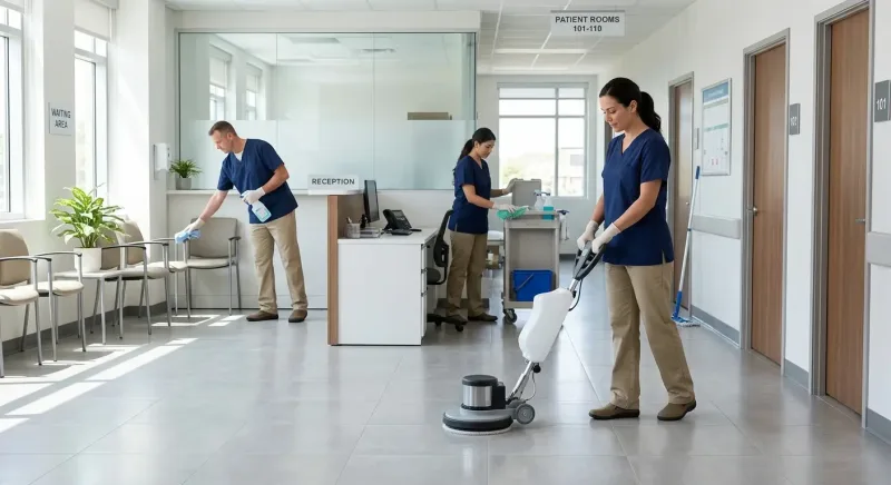 commercial cleaning crew servicing a medical office building under a recurring cleaning contract