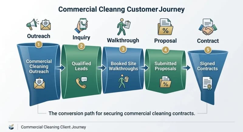 funnel diagram showing commercial cleaning outreach converting to booked walkthroughs, proposals, and signed contracts