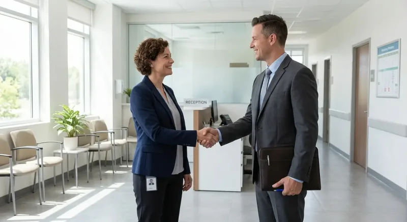 facility manager shaking hands with a commercial cleaning sales rep after a site walkthrough