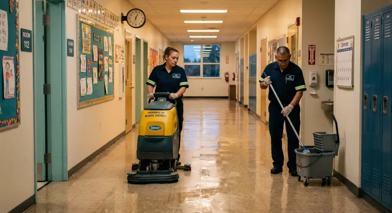 school custodial crew cleaning an elementary school hallway under a district cleaning contract