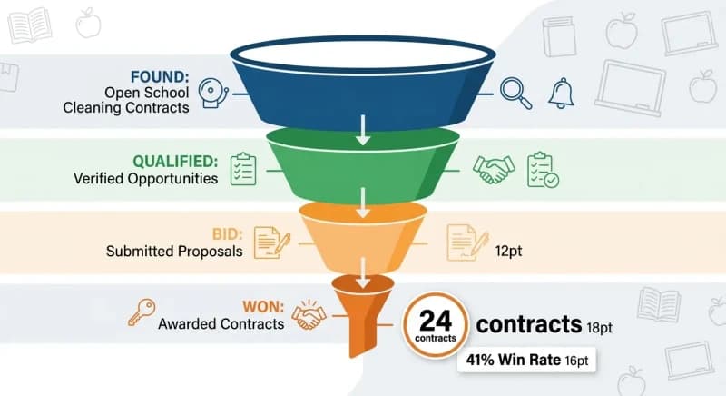 bid pipeline funnel showing open school cleaning contracts narrowing to submitted bids and awarded contracts
