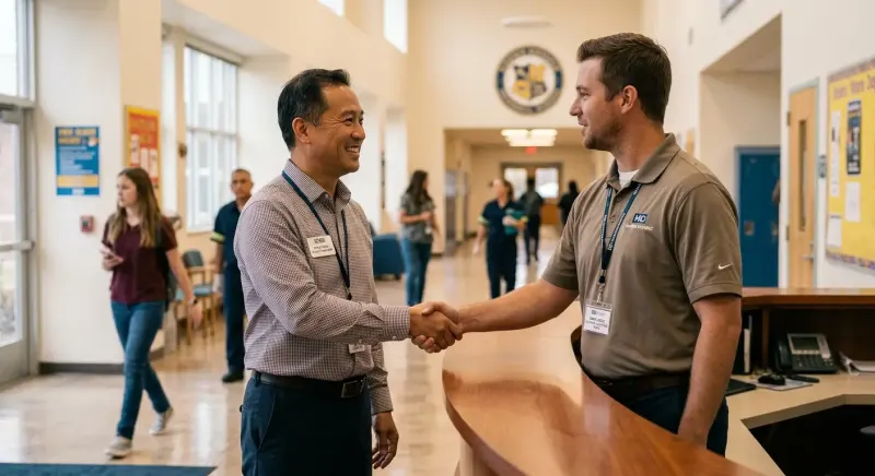 facility manager shaking hands with commercial cleaning sales rep after a booked appointment